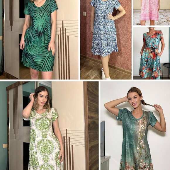 Women's Summer A-Line Dress with Pockets Mini Short Sleeve Flowy Beach Vacation - Picture 5 of 5